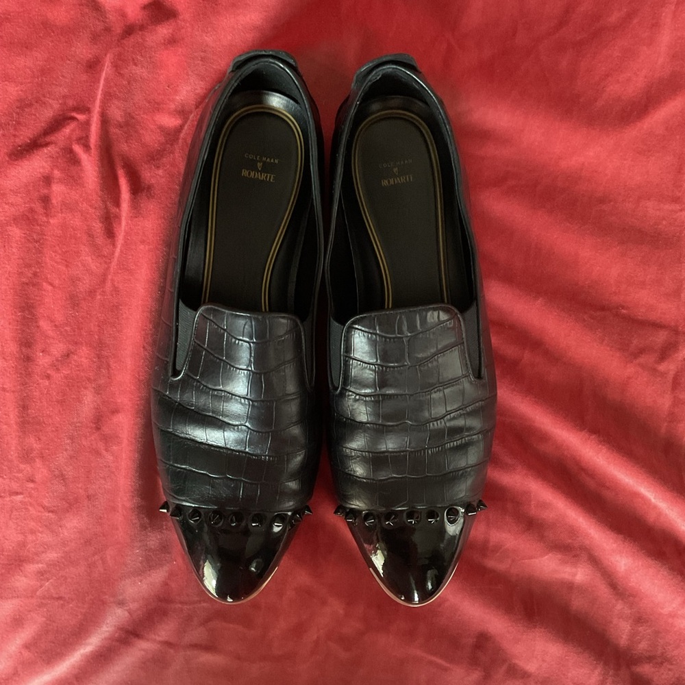 Cole Haan x Rpdarte Black Croc-Embossed Leather Slip-Ons with Patent Cap Toe